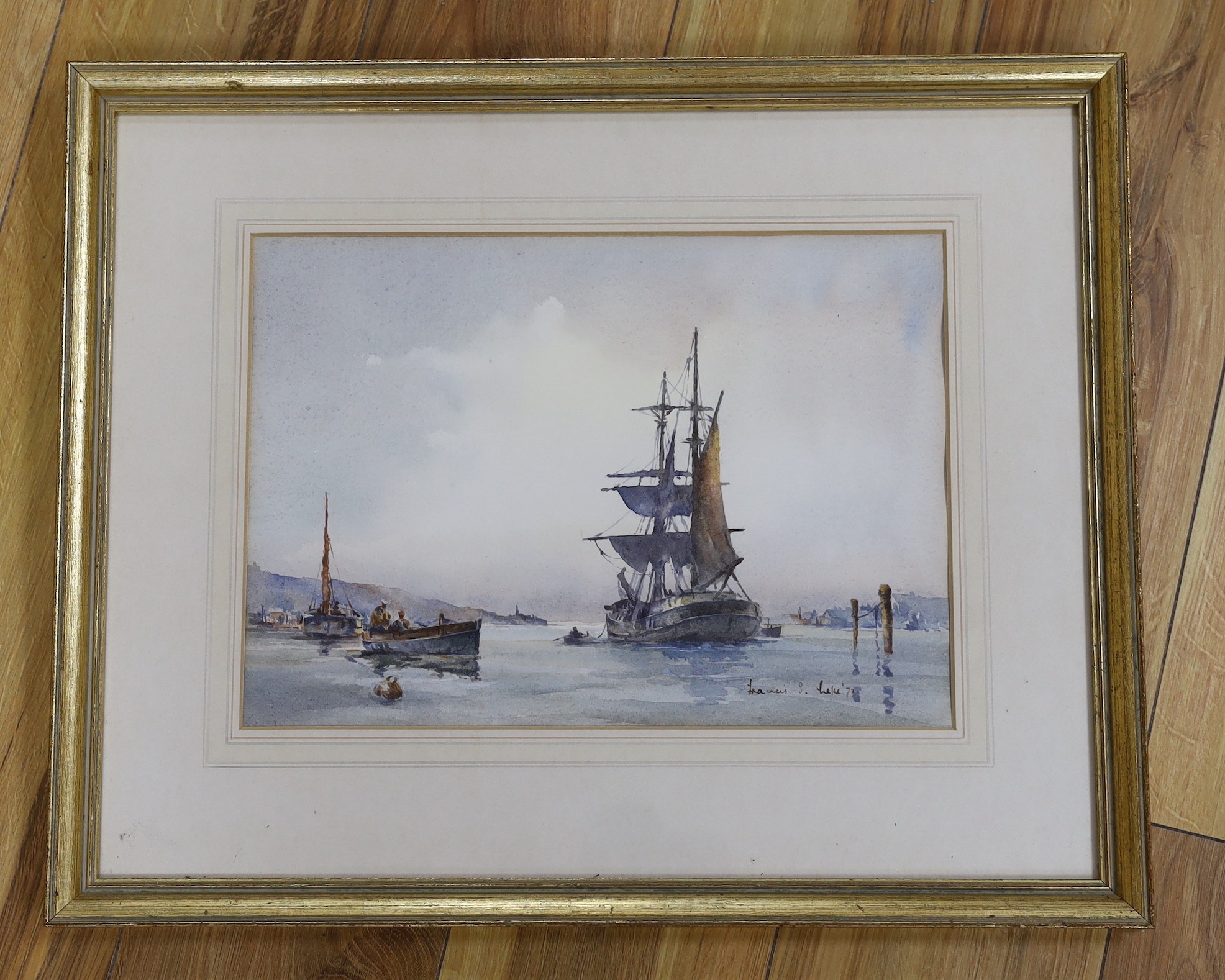 Francis S. Leke (b.1912), watercolour, Shipping on an estuary, signed and dated .72, 25 x 36cm